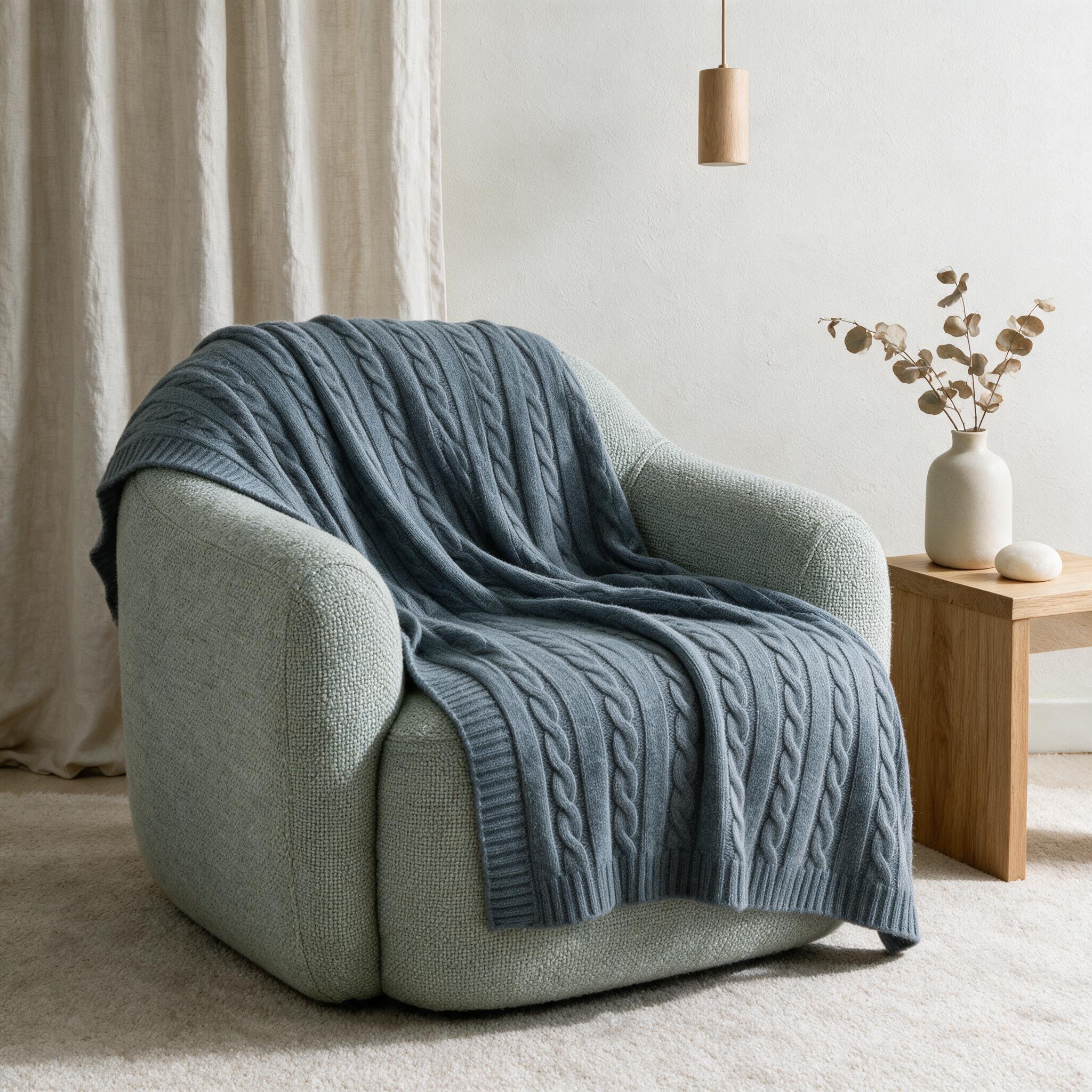 Mid grey cable knit cashmere throw over a sage armchair in a light room