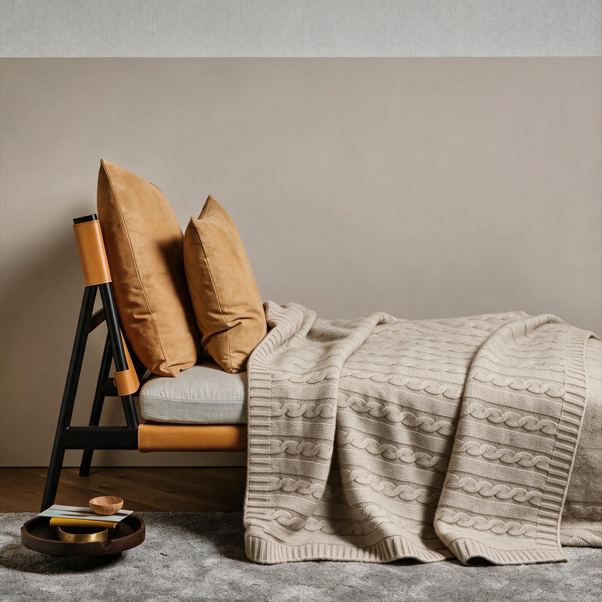 Oatmeal cable knit cashmere throw draped over a wooden sofa with cognac cushions