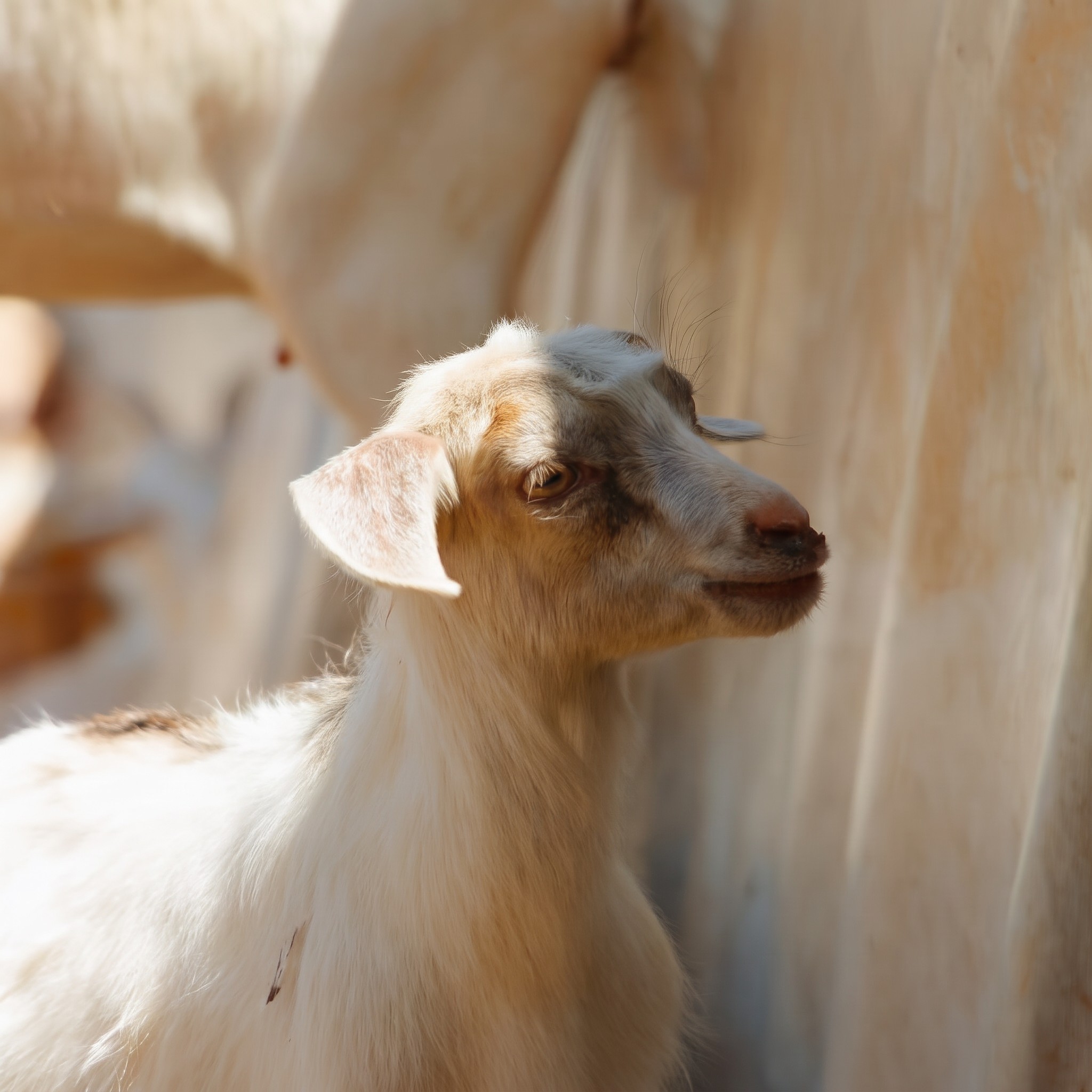 A white cashmere goat in warm light on the Inner Mongolian grassland