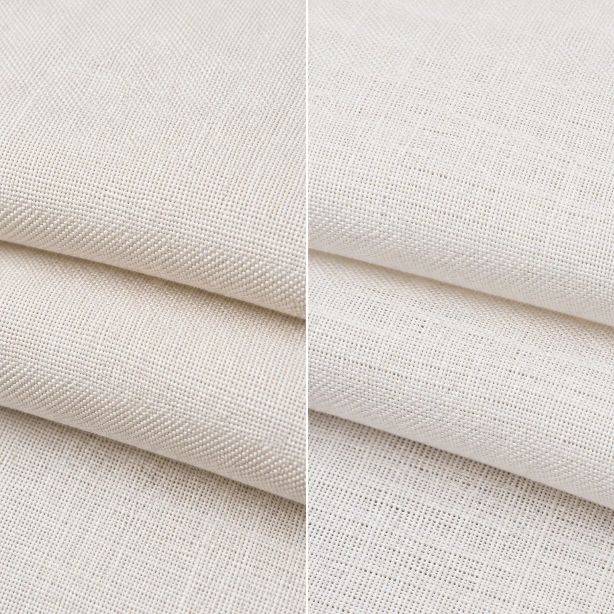 Tessuti di canapa e di lino bianco naturale piegati fianco a fianco, che mostrano la diversa tessitura e consistenza