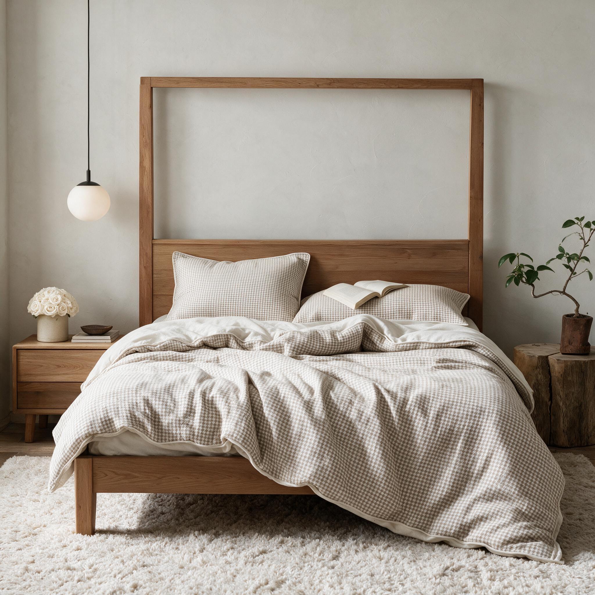 Hahnentritt-Bettwäsche aus Naturleinen auf einem Eichenbett in einem ruhigen Schlafzimmer in neutralen Tönen