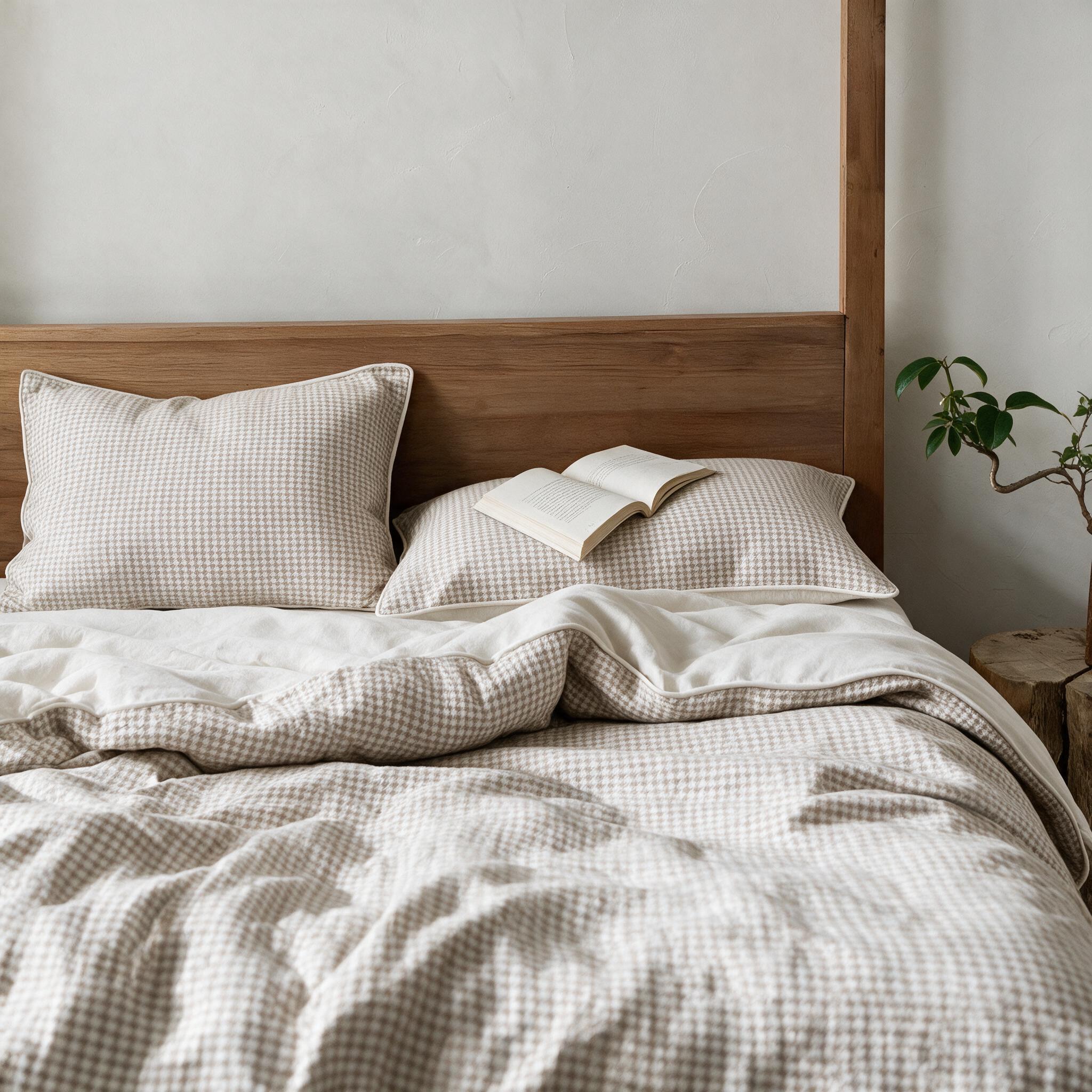 Ungemachtes Bett mit Hahnentritt-Bettwäsche aus Naturleinen, Bettbezug zur beigen Seite umgeschlagen