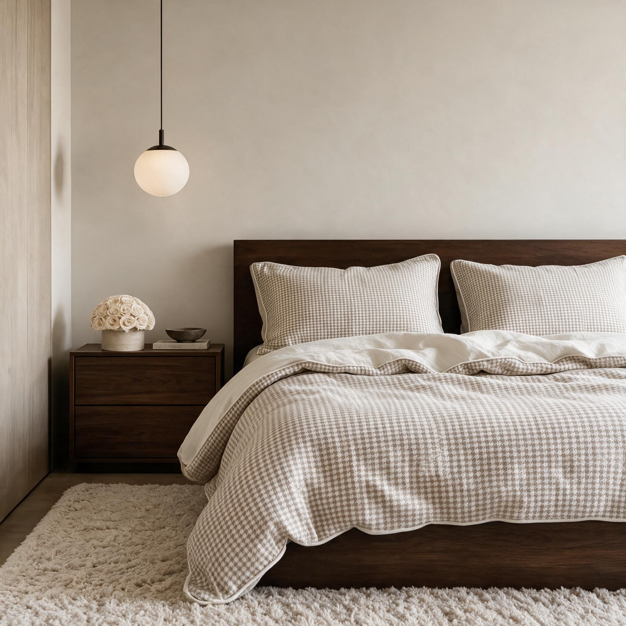Hahnentritt-Bettwäsche aus Naturleinen mit hellbeiger Paspel auf einem Bett aus dunklem Holz