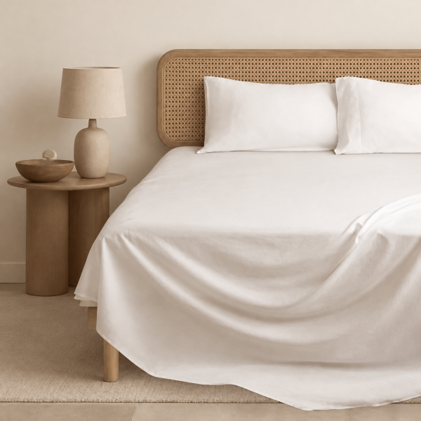 Een opgemaakt bed met witte lakens en kussenslopen van bamboe-lyocell naast een keramische lamp