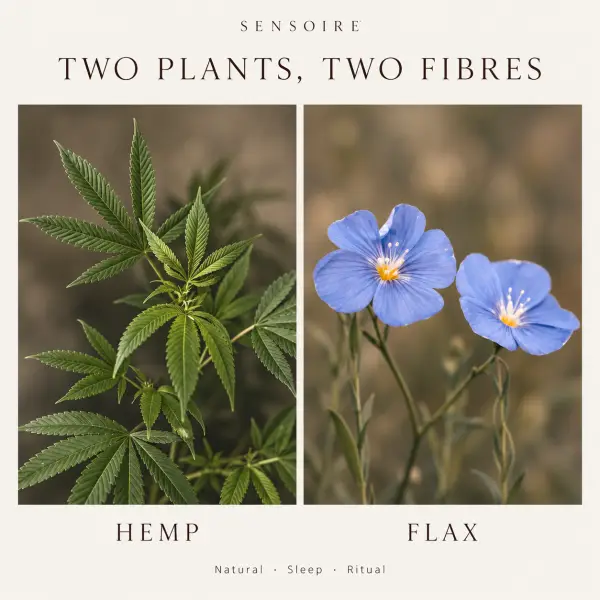 Feuilles de chanvre près de fleurs de lin bleues, les deux plantes dont sont issues les fibres de chanvre et de lin
