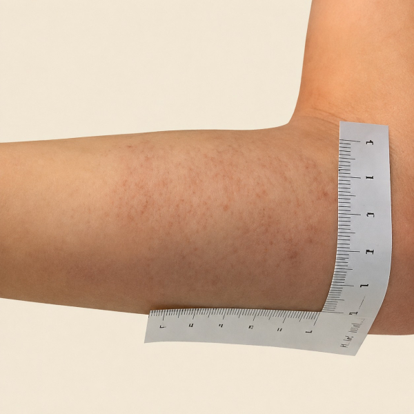 Dezelfde onderarm met grotendeels vervaagde uitslag, gemeten langs een papieren liniaal