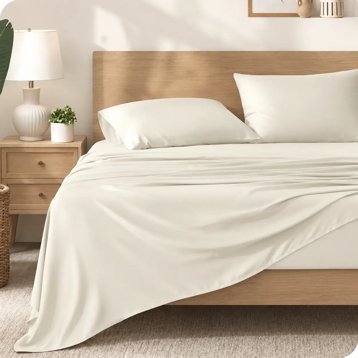 Lenzuola e federe in lyocell color crema su un letto in rovere, accanto a una lampada da tavolo bianca