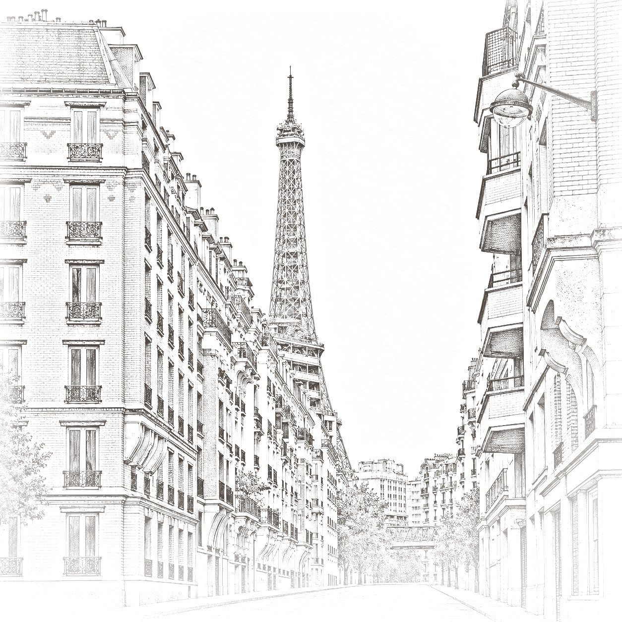 Federzeichnung einer Pariser Straße mit Haussmann-Bauten und dem Eiffelturm