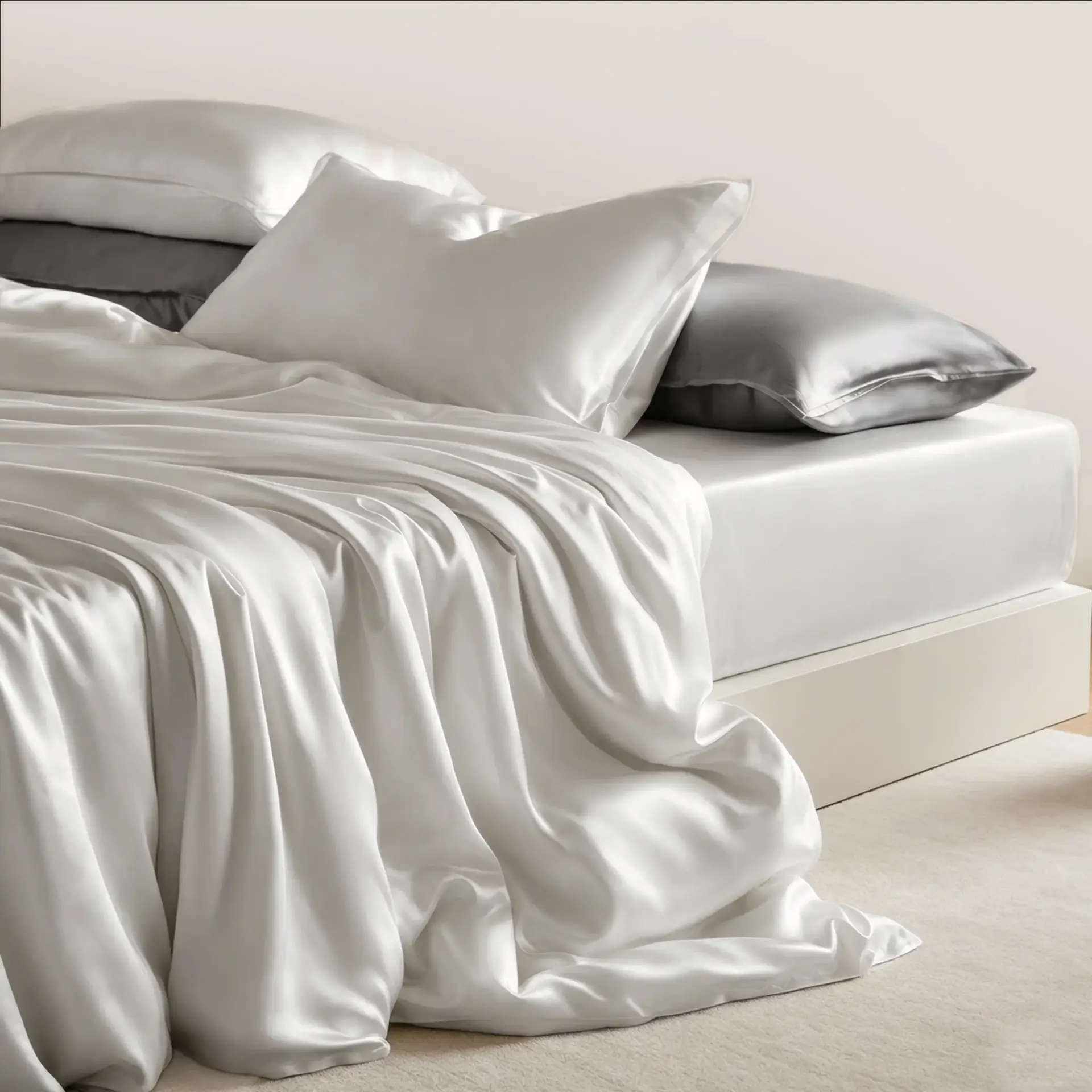 Gros plan sur une parure de lit en pure soie de mûrier blanche