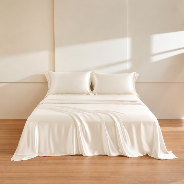 Una cama vestida con ropa de cama de seda de morera marfil en una habitación tranquila y soleada