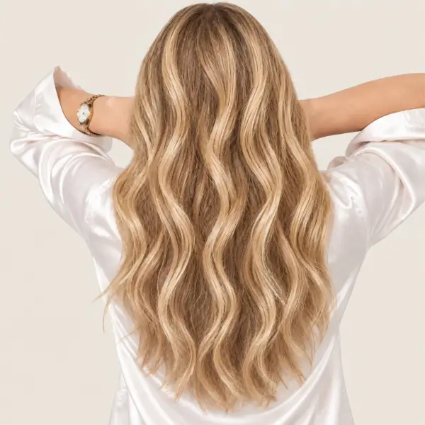 Achteraanzicht van lang blond haar met zachte, losse krullen zonder hitte