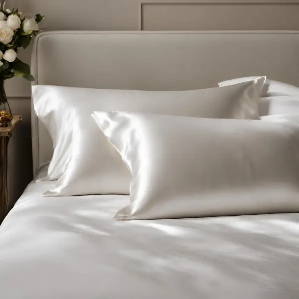 Fundas de almohada de seda gris plata sobre una cama hecha, con luz natural suave