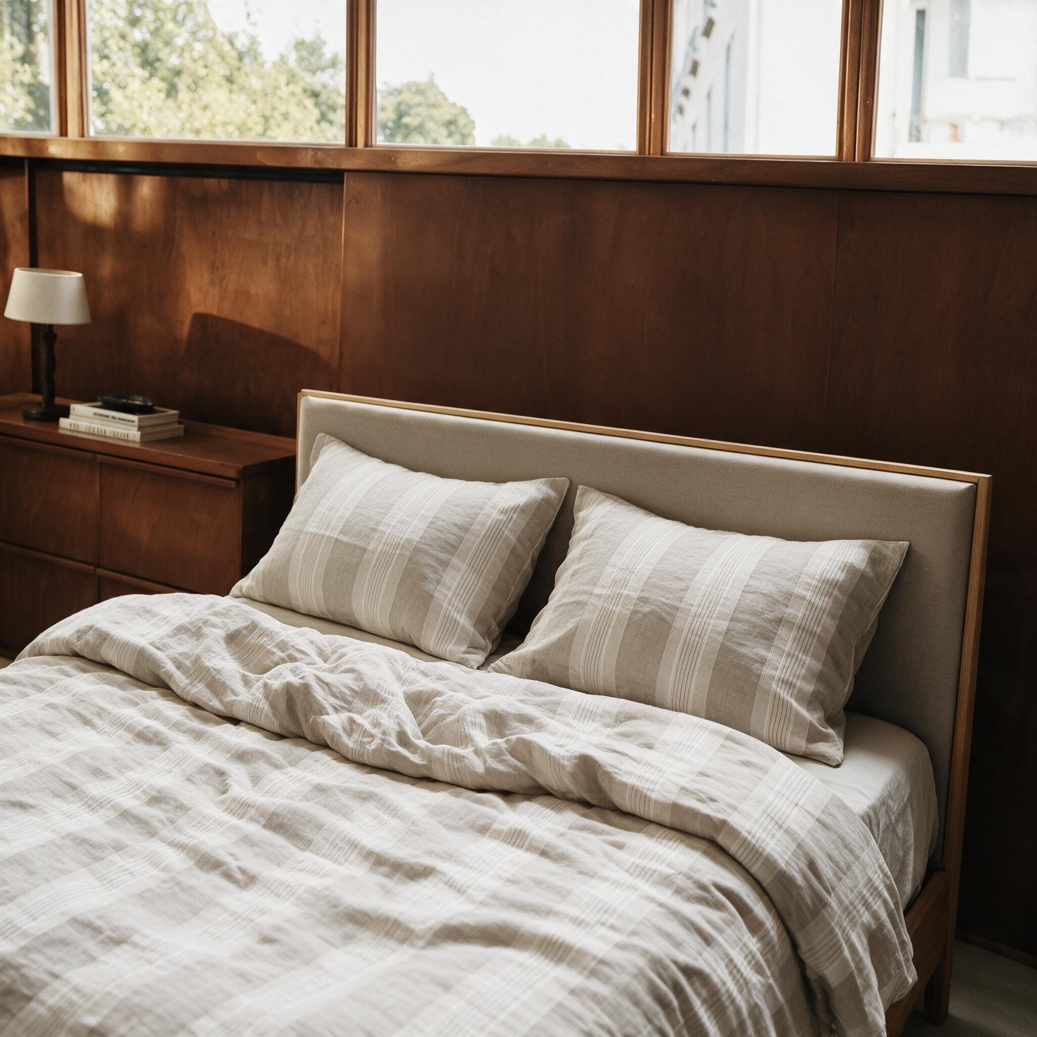 Taies en lin à rayures naturelles et housse de couette légèrement froissée sur un lit